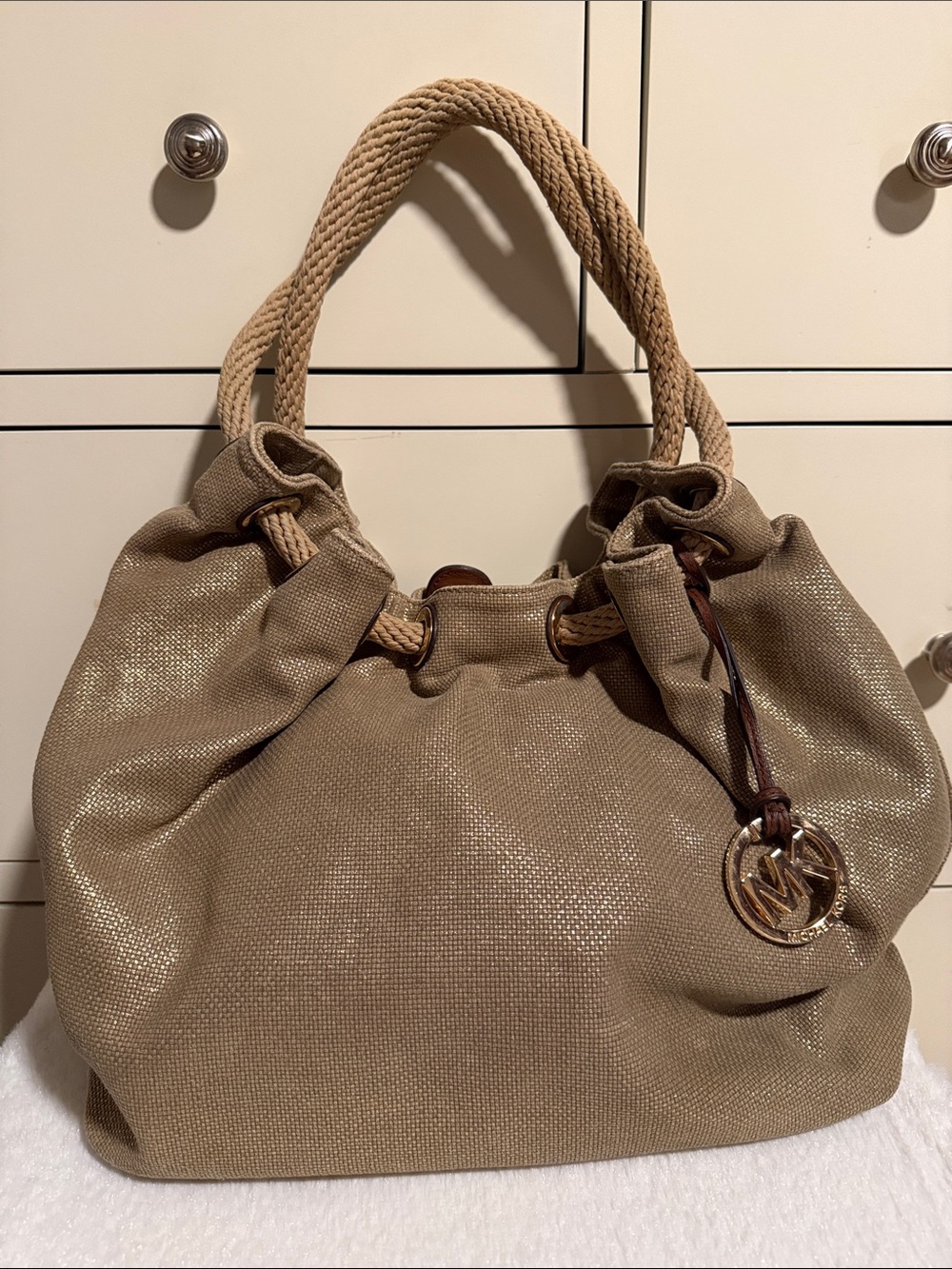 Michael Kors Tan Shimmer Shoulder Tote with Rope Handles
